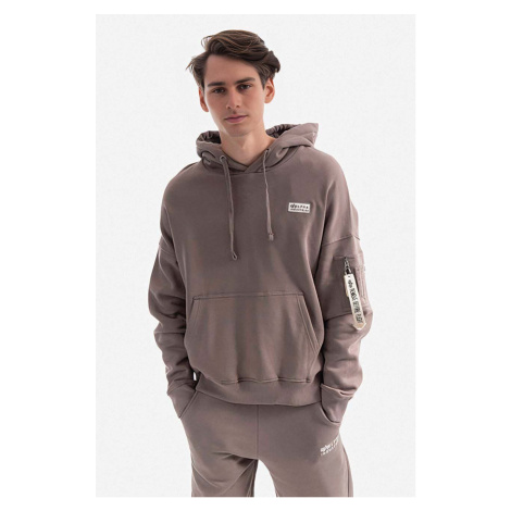 Bavlněná mikina Alpha Industries Organics OS Hoody pánská, hnědá barva, s kapucí, hladká, 118349