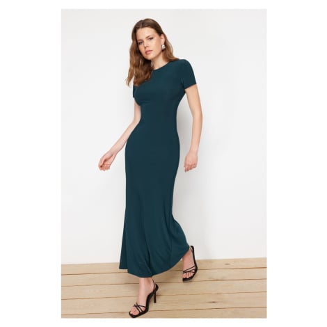 Trendyol Emerald Green Short Sleeve Fitted Crew Neck Flexible Knitted Maxi Pencil Dress