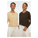 Trendyol Brown-Beige 100% Cotton 2-Pack Basic Crew Neck Knitted T-Shirt