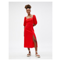 Koton Linen Viscose Midi Midi Dress with Balloon Sleeves and a Slit