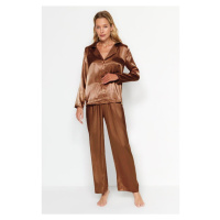 Trendyol Brown Satin Shirt-Pants Weave Pajamas Set
