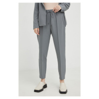 Kalhoty Bruuns Bazaar dámské, šedá barva, přiléhavé, high waist