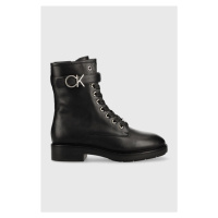 Kožené kotníkové boty Calvin Klein Rubber Sole Combat Boot dámské, černá barva, na plochém podpa