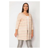 Şans Women's Plus Size Pink Cotton Fabric Striped Cardigan