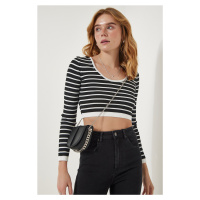 Happiness İstanbul Women's Black Striped Ribbed Crop Knitwear Blouse