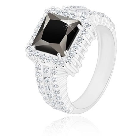 Stříbrný prsten 925 - černý zirkonový čtverec, čirý zirkonový lem a ramena Šperky eshop