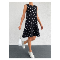 armonika Women's Black Daisy Pattern Sleeveless Frilly Skirt Dress