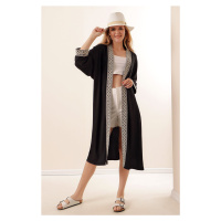 Bigdart 05865 Knitted Long Kimono with Embroidery - Black