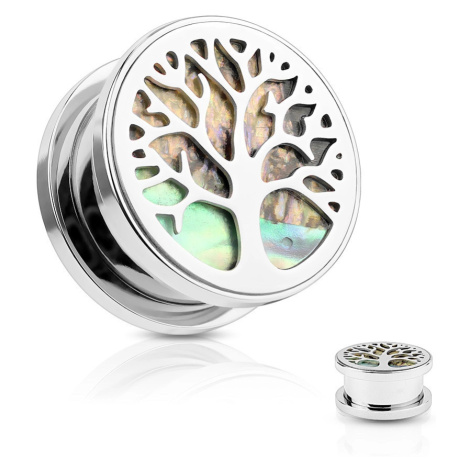 Ocelový tunel do ucha, strom života, kruh z mušle Abalone, stříbrná barva - Tloušťka : 8 mm Šperky eshop