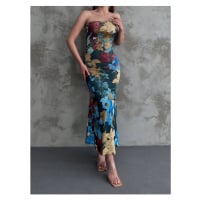 BİKELİFE Women's Floral Patterned Strapless Midi Length Dress