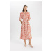 DEFACTO Shirt Collar Patterned Short Sleeve Linen Blend Midi Dress