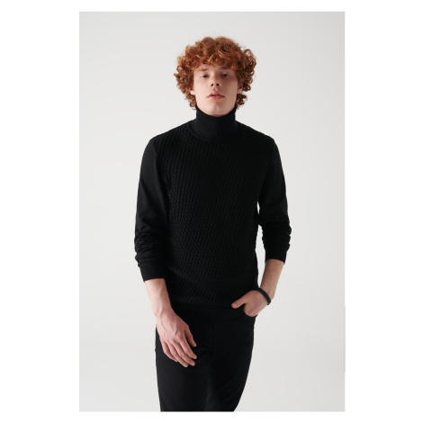 Avva Men's Black Full Turtleneck Front Textured Cotton Regular Fit Knitwear Sweater