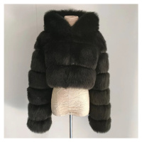 Crop kožich s kapucí krátká kožešinová bunda - ČERNÁ
