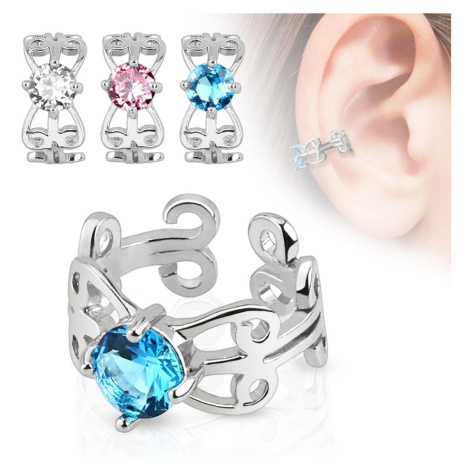Fake piercing do ucha s rhodiovaným povrchem, ornamenty, zirkon - Barva zirkonu: Aqua modrá - Q Šperky eshop
