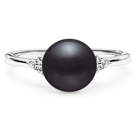 Stříbrný prsten s pravou černou Gaura perlou a zirkonem Planet Shop