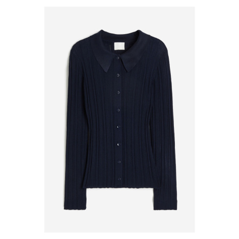 H & M - Žebrovaný propínací svetr's límcem - modrá H&M