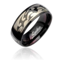 Černý ocelový prsten se vzorem Tribal ve stříbrné barvě