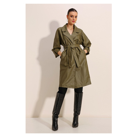 Bigdart 1034 Belted Faux Leather Trench Coat - Khaki