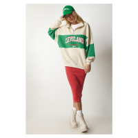 Happiness İstanbul Women's Cream Green Color Block Print Oversized Sweatshirt