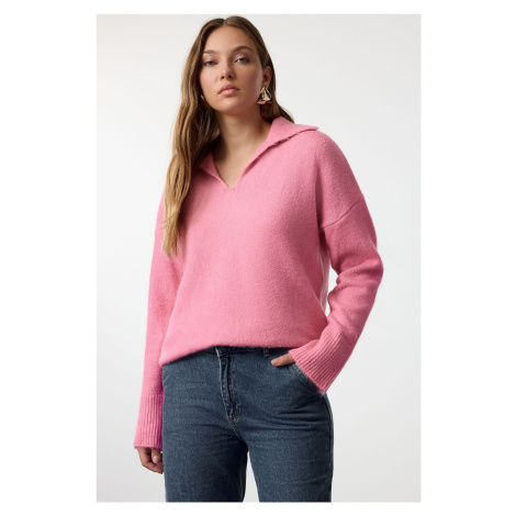 Trendyol Pink Wool Wide Pattern Polo Neck Basic Knitwear Sweater