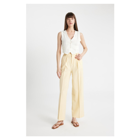 DEFACTO Linen Blend Trousers Wide Leg Pocket Wide Wide Leg Pleated High Waist Basic Plain Standa