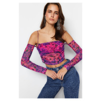 Trendyol Pink-Multicolored Crop Lined Tulle Printed Blouse