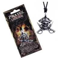 Černý náhrdelník - kovová lebka piráta s kloboukem a meči