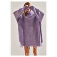 Bianco Lucci Women's Ripped Patterned Turtleneck Knitwear Sweater