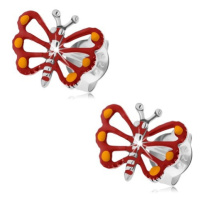 Stříbrné náušnice 925, červený motýlek s vyřezávanými křídly, patina