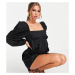 ASYOU cotton square neck volume sleeve playsuit in black