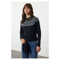 Trendyol Navy Blue Soft Textured Ethnic Patterned Sweater-Beret Knitwear Sweater