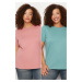 Trendyol Curve Khaki-Salmon 100% Cotton Single Jersey Crew Neck 2 Pack Knitted T-Shirt