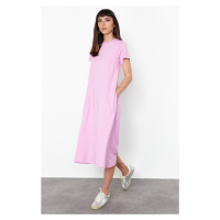 Trendyol Pink Plain T-shirt Dress Pocket Midi Knitted Dress