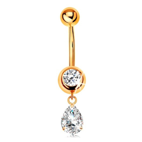 Zlatý 375 piercing do pupíku - kulatý zirkon v objímce, visící zirkonová slza Šperky eshop
