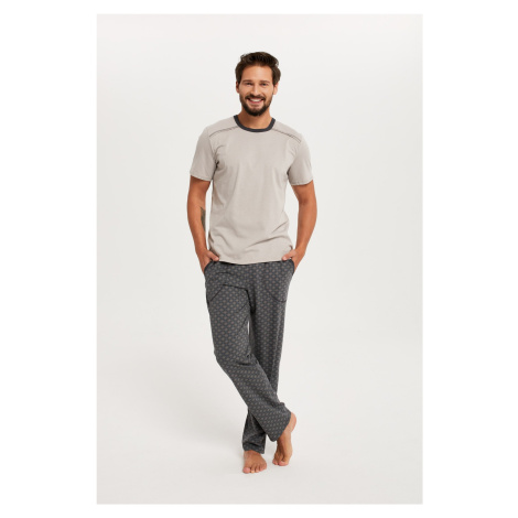 Pánské pyžamo Abel, krátký rukáv, dlouhé nohavice - béžová/potisk Italian Fashion