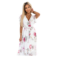 LISA - Plisované dámské midi šaty s výstřihem, volánky a se vzorem jarních květů na bílém pozadí