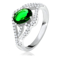 Prsten s oválným zeleným kamenem, zvlněná zirkonová ramena, stříbro 925