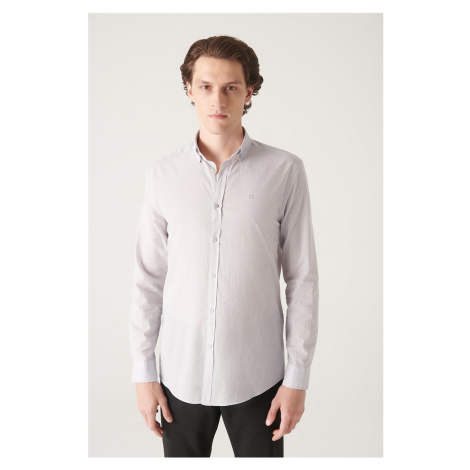 Avva Men's Light Gray 100% Cotton Thin Soft Touch Buttoned Collar Long Sleeve Regular Fit Shirt