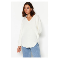 Trendyol Ecru Premium V-Neck Cotton Regular/Normal Fit Knitted Knitted T-Shirt