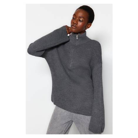 Trendyol Anthracite Wide Fit Zippered High Neck Knitwear Sweater