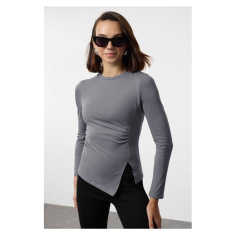 Trendyol Anthracite Single Slit Detailed Gathered Crew Neck Knitted Blouse