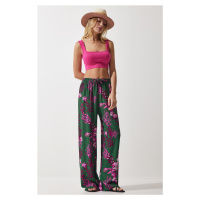 Happiness İstanbul Women's Dark Green Fuchsia Patterned Flowing Viscose Palazzo Trousers