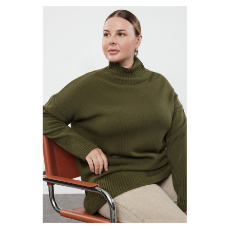 Trendyol Curve Khaki Turtleneck Off Shoulder Knitwear Sweater