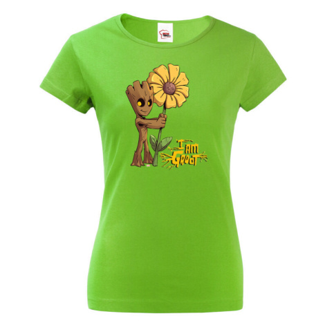 Dámské tričko s potiskem Groot a květina - ideální dárek pro fanoušky Marvel BezvaTriko
