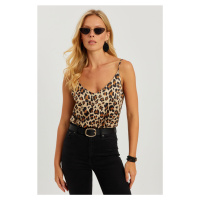 Cool & Sexy Women's Camel Leopard Patterned Satin Blouse