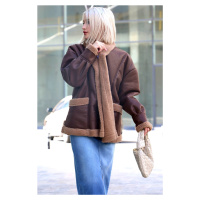 Madmext Brown Inner Faux Shearling Biker Coat