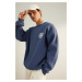 Trendyol Indigo Oversize/Wide Cut Floral Embroidered Cotton Sweatshirt with Fleece Inside