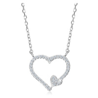 Rhodiovaný náhrdelník, stříbro 925, zirkonová kontura srdce a malé srdíčko