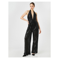 Koton Sequined Evening Dress Jumpsuit With Open Back, Deep V-Neck.