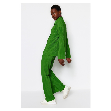 Trendyol Green Pleated Regular Buttoned Knitted Two Piece Set